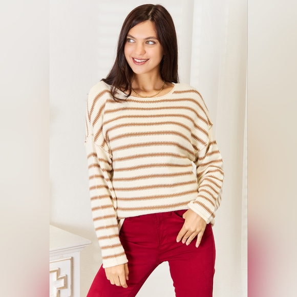 Double Take White/Tan Striped Long Sleeve Boat Neck Sweater - Picture 1 of 5